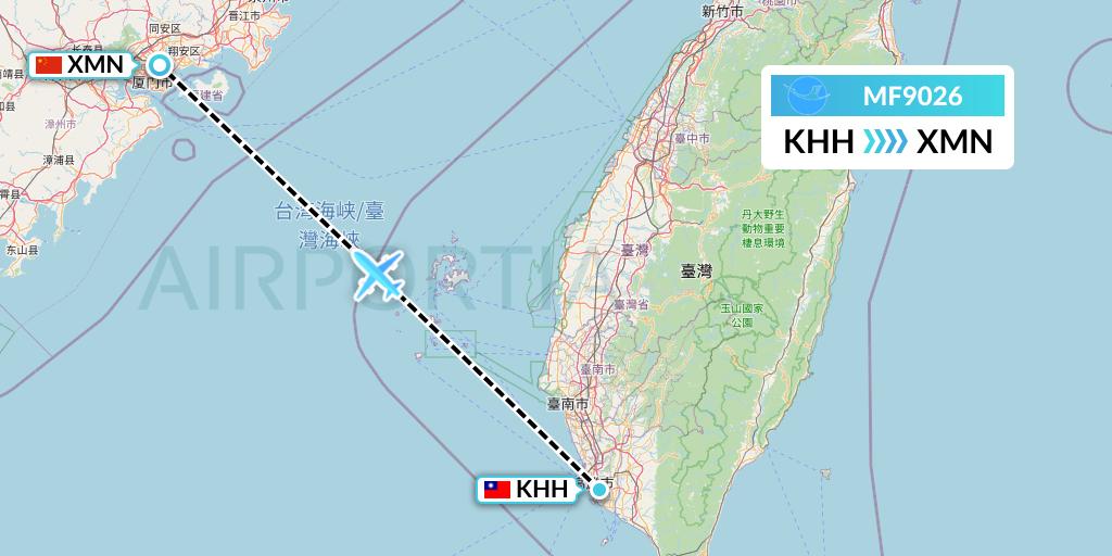 MF9026 Xiamen Airlines Flight Map: Kaohsiung to Xiamen