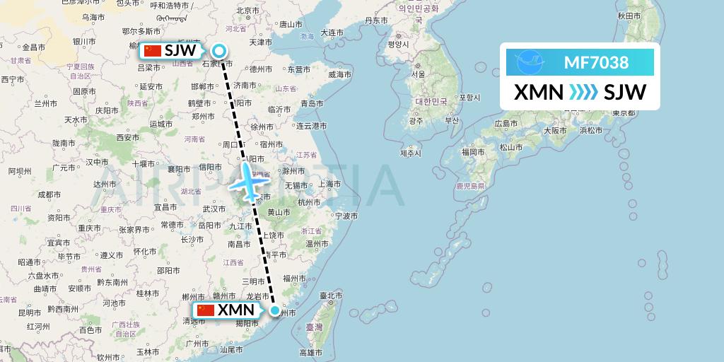 MF7038 Xiamen Airlines Flight Map: Xiamen to Shijiazhuang