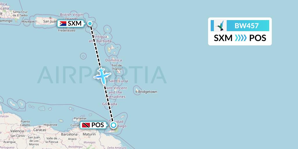 BW457 Caribbean Airlines Flight Map: Sint Maarten to Port of Spain