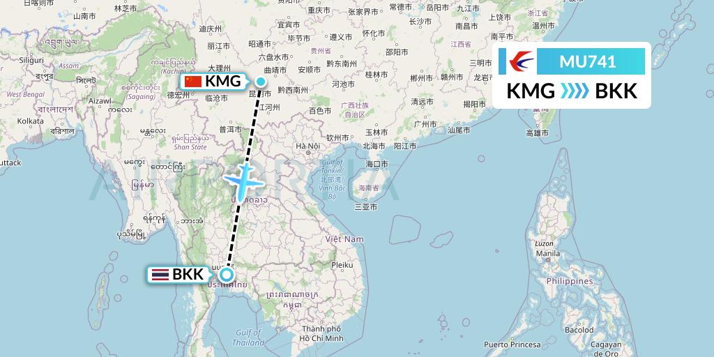 MU741 China Eastern Airlines Flight Map: Kunming to Bangkok