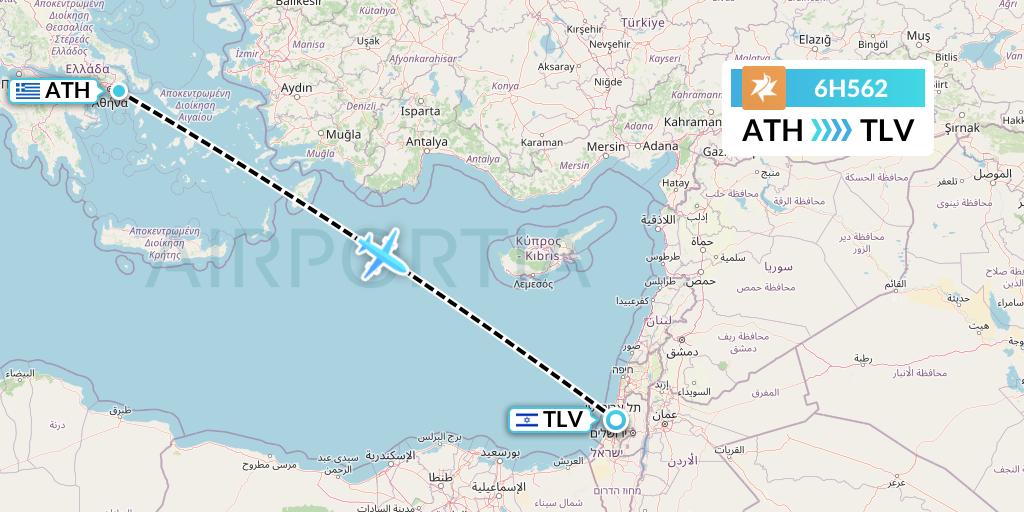 6H562 Israir Airlines Flight Map: Athens to Tel Aviv