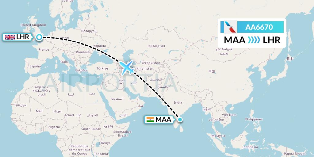 AA6670 American Airlines Flight Map: Chennai to London