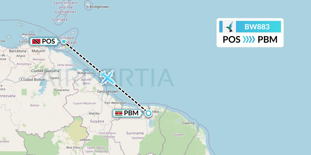 BW883 Caribbean Airlines Flight Map: Port of Spain to Paramaribo