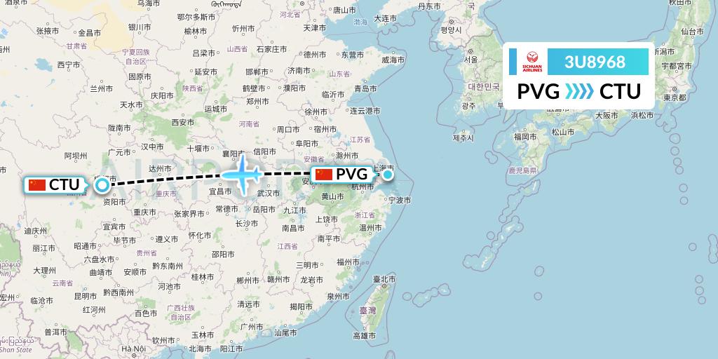3U8968 Sichuan Airlines Flight Map: Shanghai to Chengdu