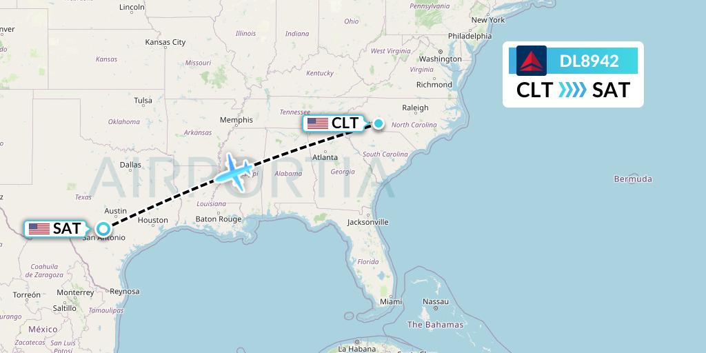 DL8942 Delta Air Lines Flight Map: Charlotte to San Antonio