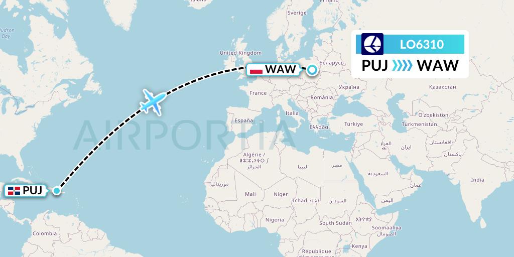 LO6310 LOT Flight Map: Punta Cana to Warsaw