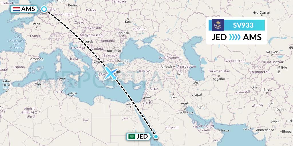 SV933 Saudi Arabian Airlines Flight Map: Jeddah to Amsterdam