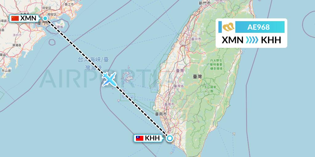 AE968 Mandarin Airlines Flight Map: Xiamen to Kaohsiung