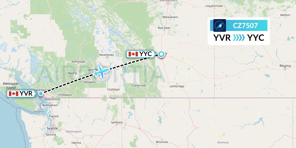 CZ7507 China Southern Airlines Flight Map: Vancouver to Calgary