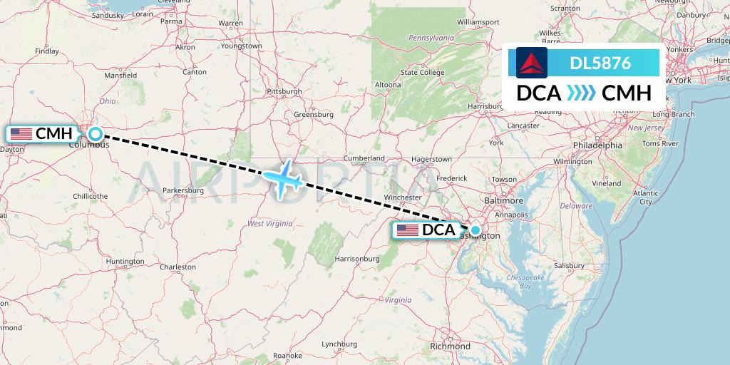 DL5876 Delta Air Lines Flight Map: Washington to Columbus