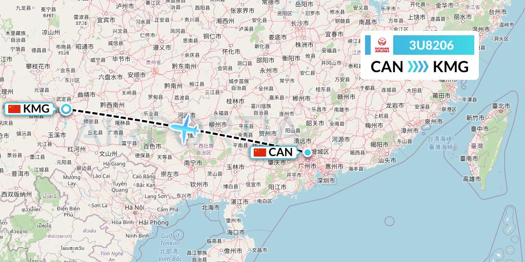 3U8206 Sichuan Airlines Flight Map: Guangzhou to Kunming