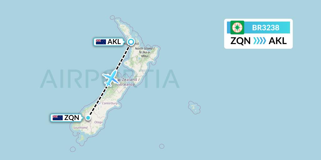 BR3238 EVA Air Flight Map: Queenstown to Auckland