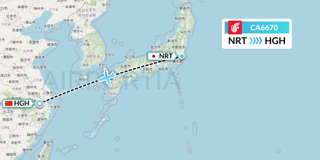 CA6670 Air China Flight Map: Tokyo to Hangzhou