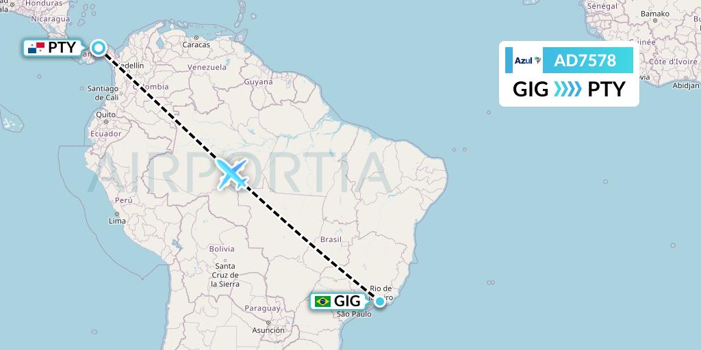 AD7578 Azul Brazilian Airlines Flight Map: Rio de Janeiro to Panama City