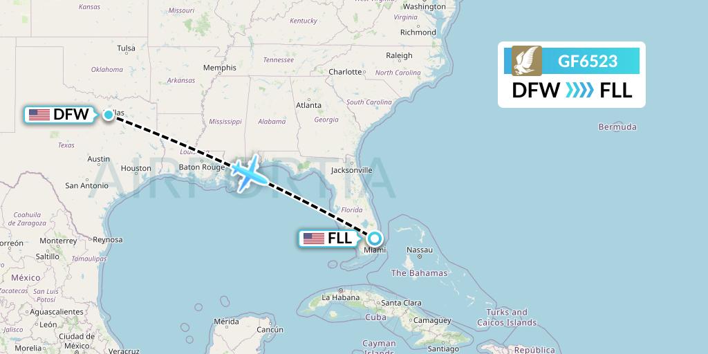 GF6523 Gulf Air Flight Map: Dallas to Fort Lauderdale