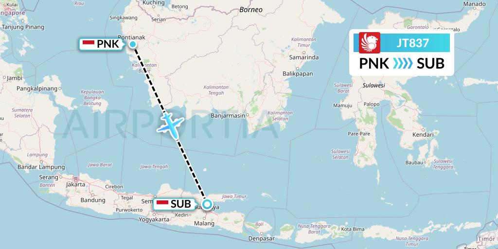 JT837 Lion Airlines Flight Map: Pontianak to Surabaya