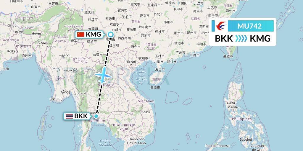 MU742 China Eastern Airlines Flight Map: Bangkok to Kunming