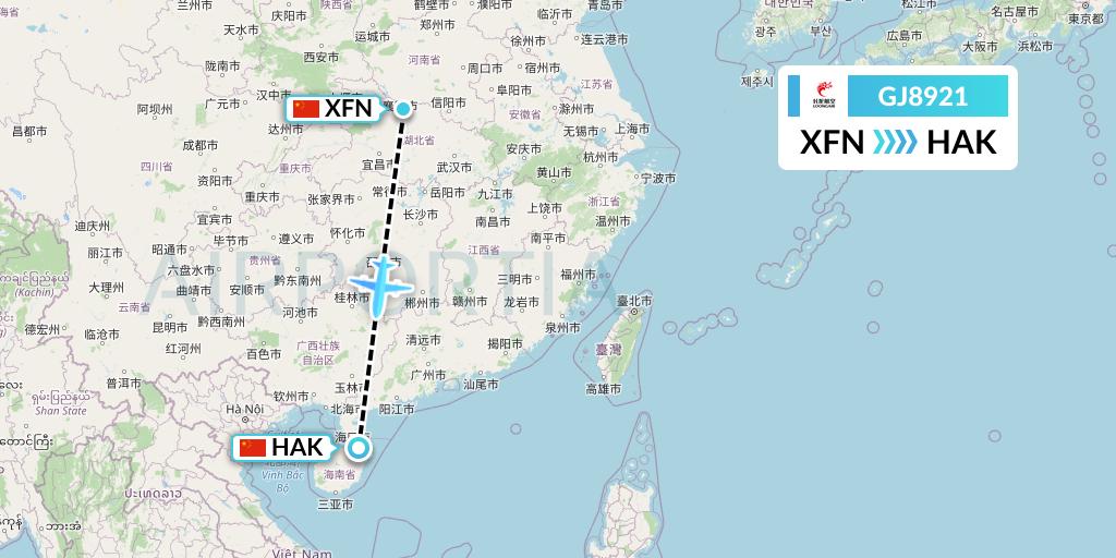 GJ8921 Loong Airlines Flight Map: Xiangyang to Haikou