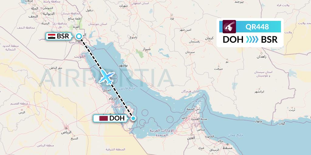 QR448 Qatar Airways Flight Map: Doha to Basra