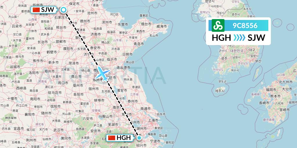 9C8556 Spring Airlines Flight Map: Hangzhou to Shijiazhuang