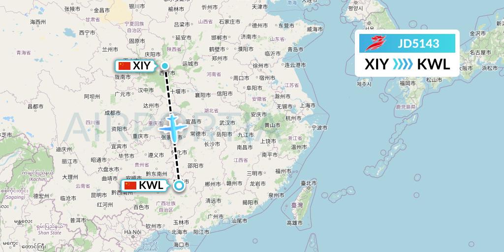 JD5143 Capital Airlines Flight Map: Xi'an to Guilin