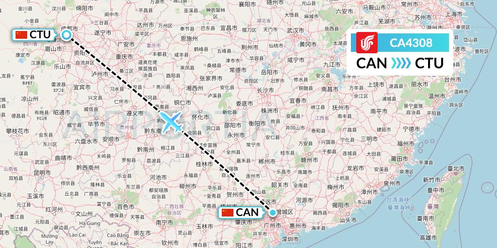 CA4308 Air China Flight Map: Guangzhou to Chengdu