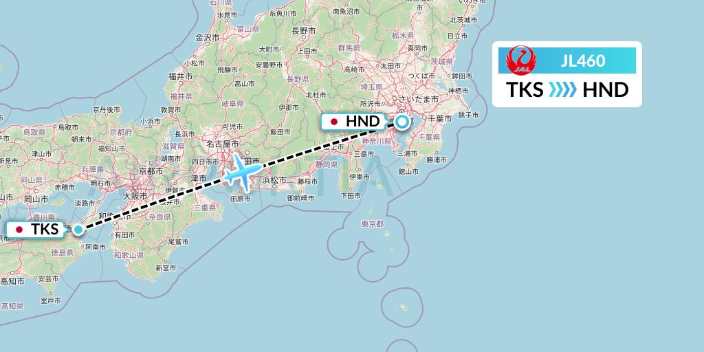 JL460 Japan Airlines Flight Map: Tokushima to Tokyo