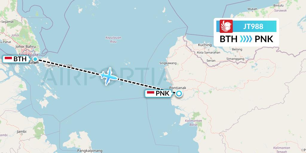 JT988 Lion Airlines Flight Map: Batam to Pontianak
