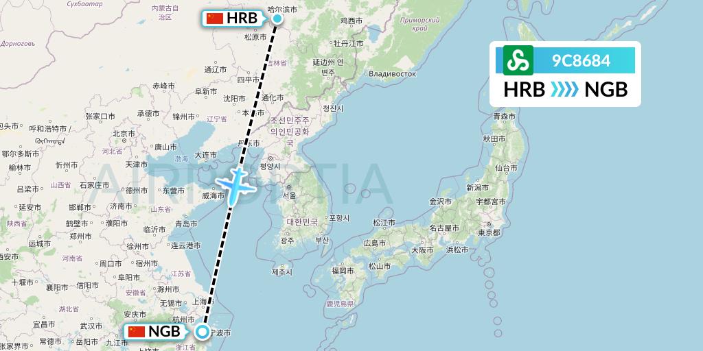 9C8684 Spring Airlines Flight Map: Harbin to Ningbo