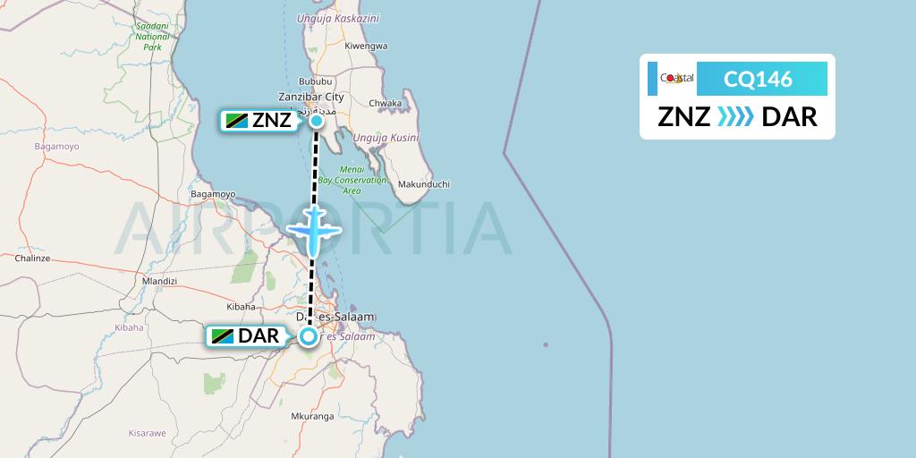 CQ146 Coastal Aviation Flight Map: Zanzibar to Dar-es-Salaam