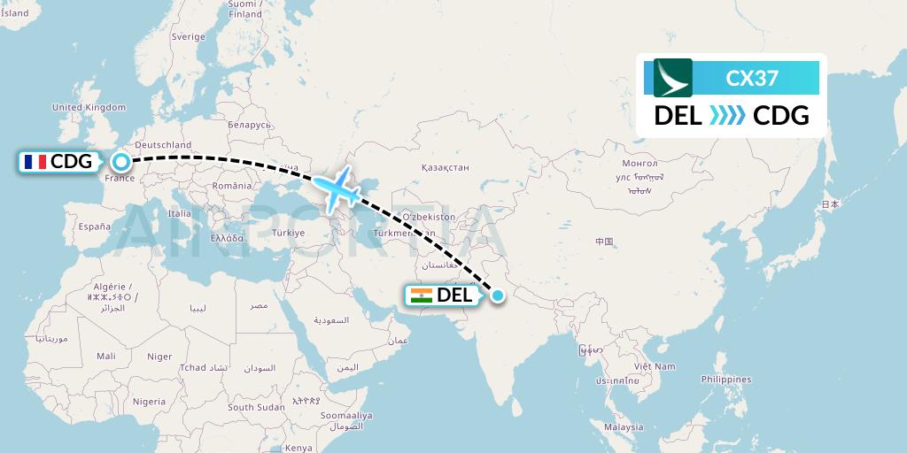 CX37 Cathay Pacific Flight Map: Delhi to Paris
