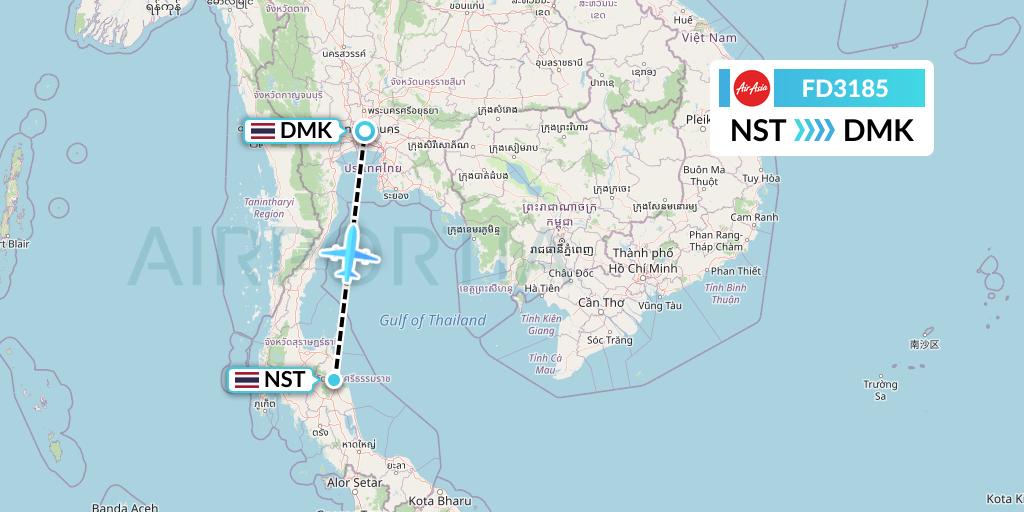 FD3185 Thai AirAsia Flight Map: Nakhon Si Thammarat to Bangkok