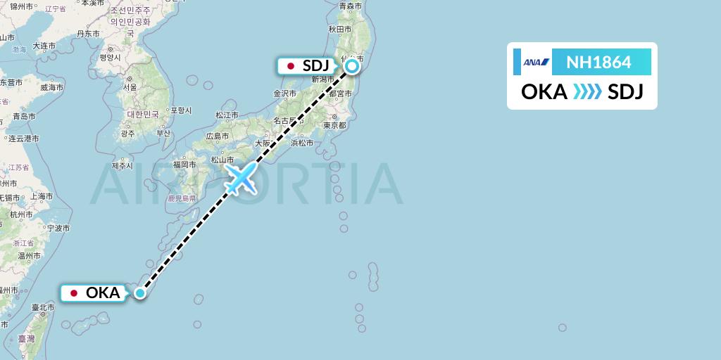 NH1864 All Nippon Airways Flight Map: Naha to Sendai
