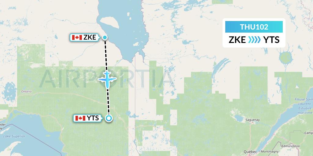 THU102 Thunder Airlines Flight Map: Kashechewan to Timmins