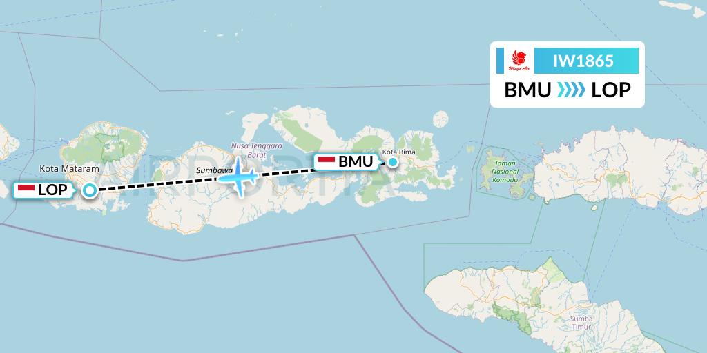 IW1865 Wings Air Flight Map: Bima to Lombok