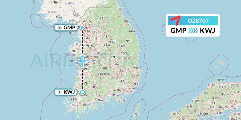 OZ8707 Asiana Airlines Flight Map: Seoul to Gwangju