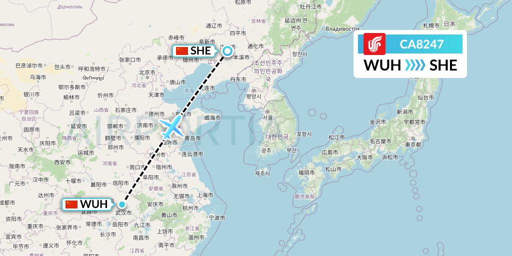 CA8247 Air China Flight Map: Wuhan to Shenyang