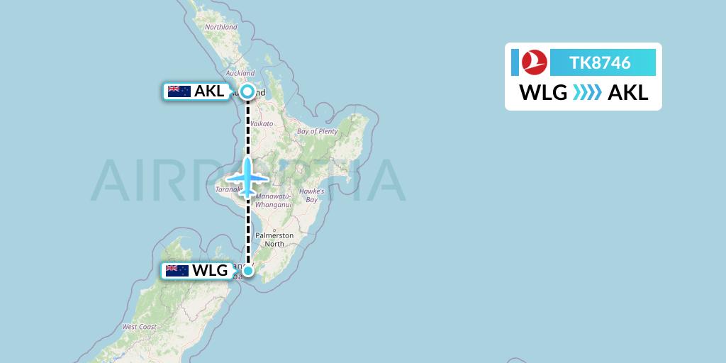 TK8746 Turkish Airlines Flight Map: Wellington to Auckland