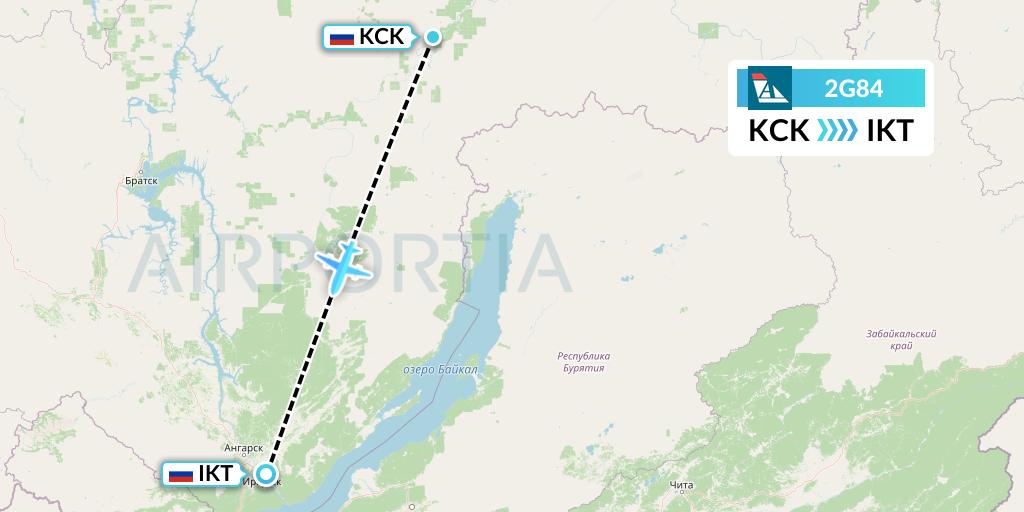 2G84 Angara Airlines Flight Map: Kirensk to Irkutsk