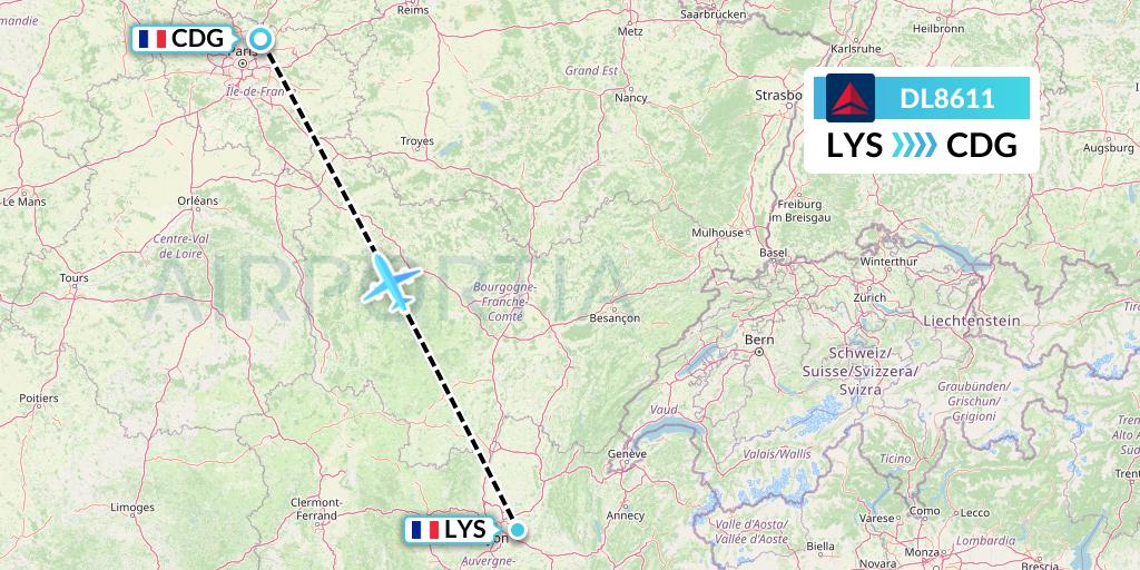 DL8611 Delta Air Lines Flight Map: Lyon to Paris