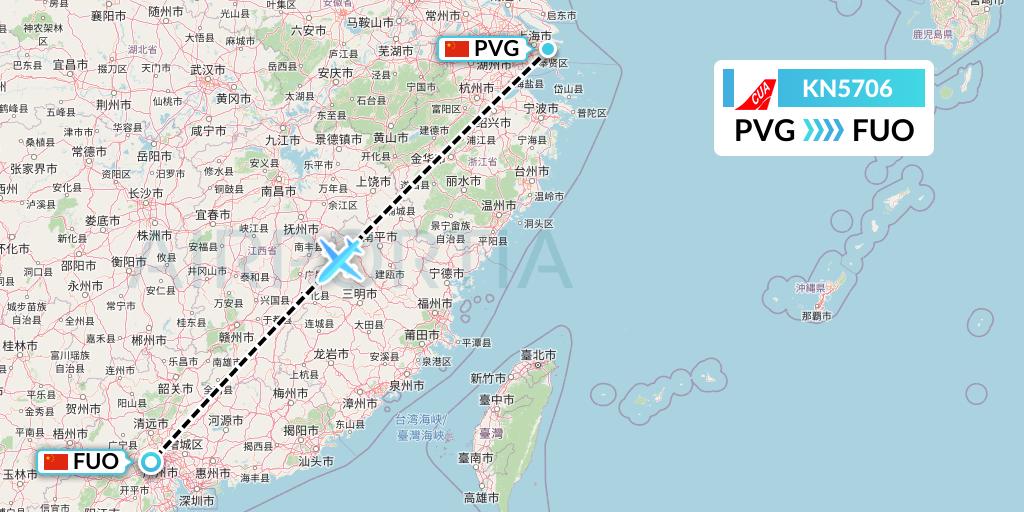 KN5706 China United Airlines Flight Map: Shanghai to Foshan