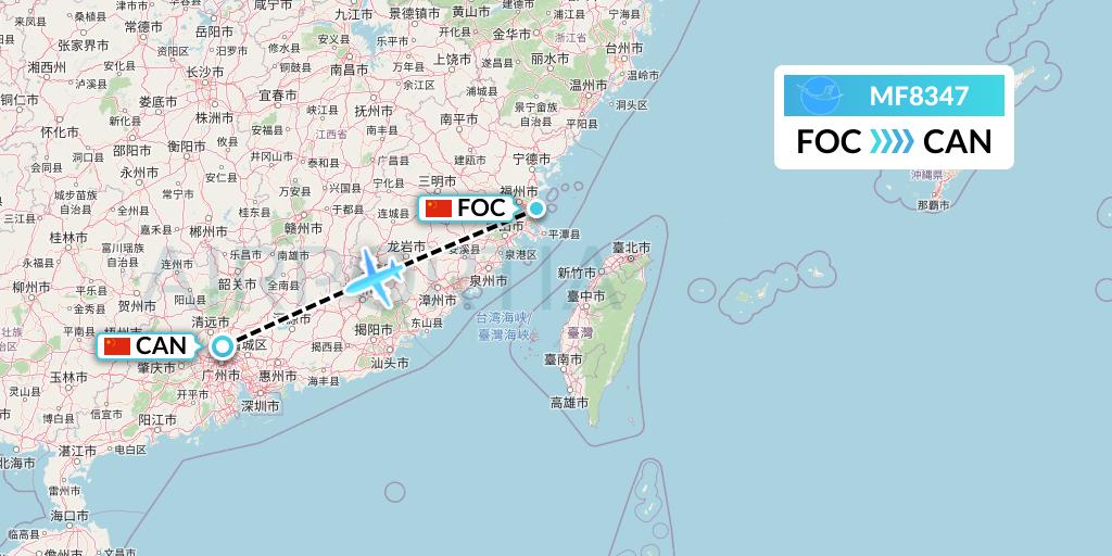 MF8347 Xiamen Airlines Flight Map: Fuzhou to Guangzhou