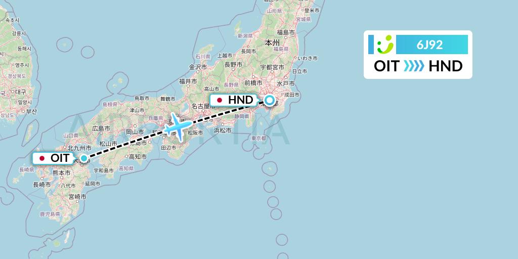 6J92 Solaseed Air Flight Map: Oita to Tokyo