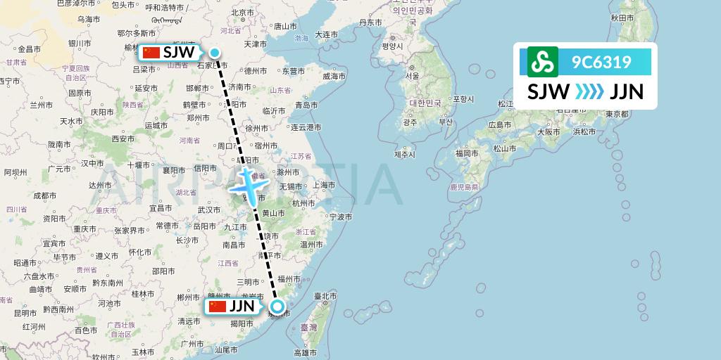 9C6319 Spring Airlines Flight Map: Shijiazhuang to Jinjiang