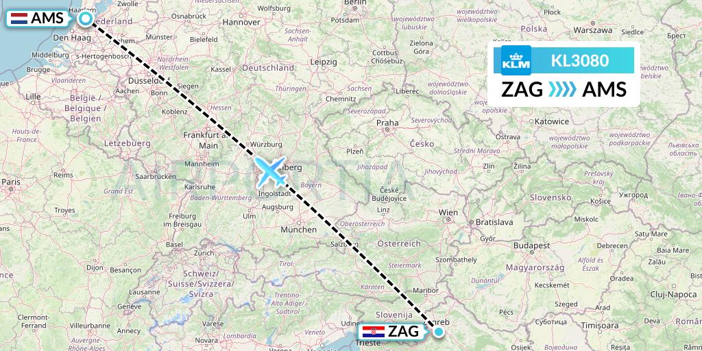 KL3080 KLM Flight Map: Zagreb to Amsterdam