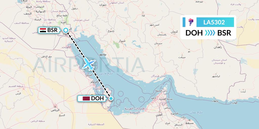 LA5302 LAN Airlines Flight Map: Doha to Basra