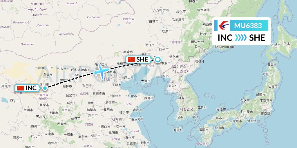 MU6383 China Eastern Airlines Flight Map: Yinchuan to Shenyang