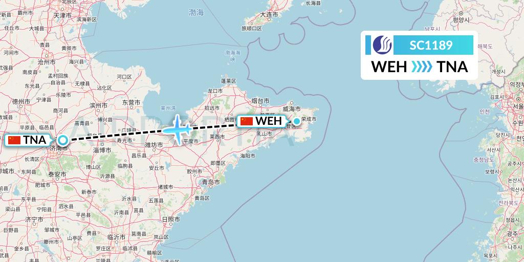 SC1189 Shandong Airlines Flight Map: Weihai to Jinan