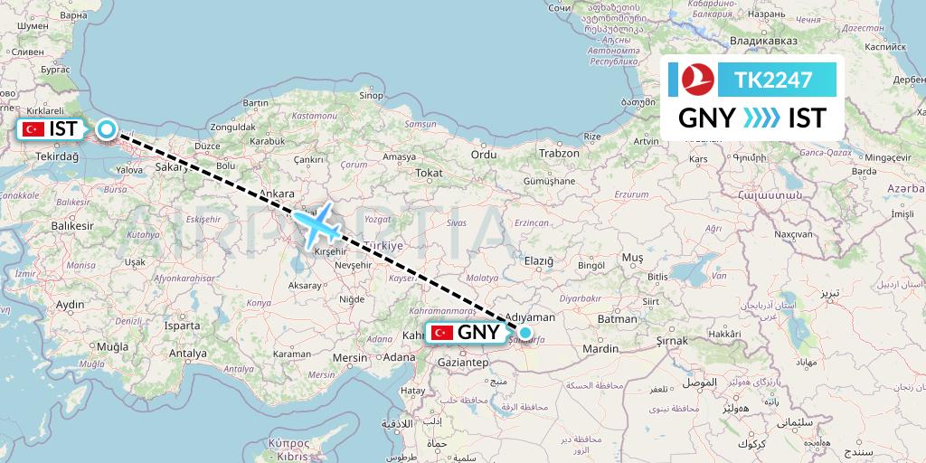 TK2247 Turkish Airlines Flight Map: Sanliurfa to Istanbul