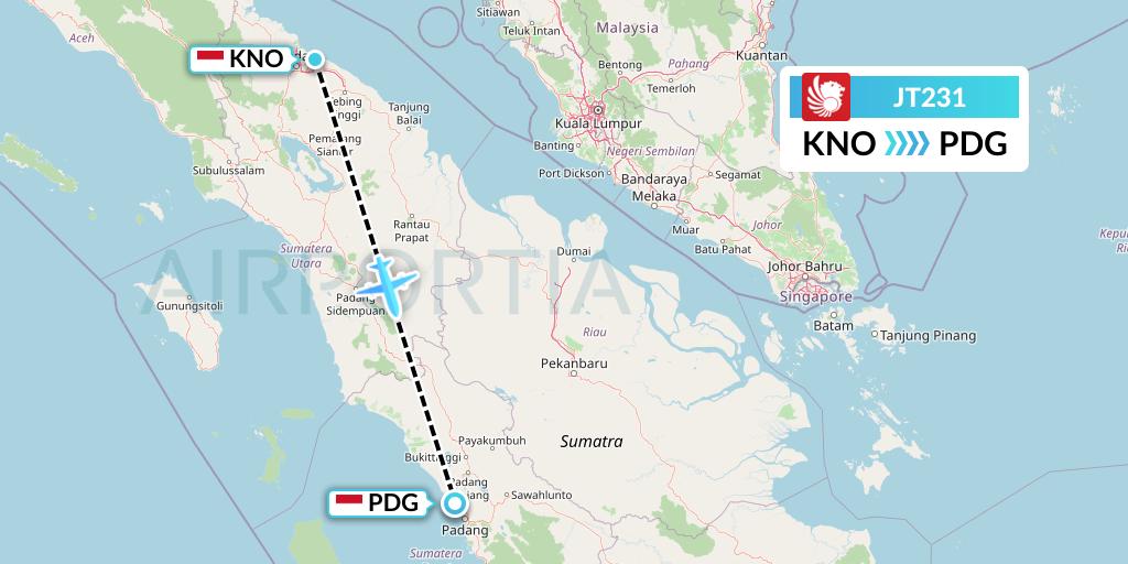 JT231 Lion Airlines Flight Map: Medan to Padang